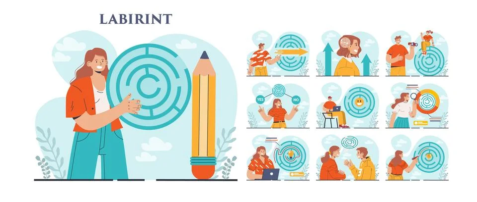 Labyrinth concept set. Decision-making or problem solving. Character イラスト素材