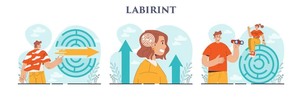 Labyrinth concept set. Decision-making or problem solving. Character Illustrazione stock