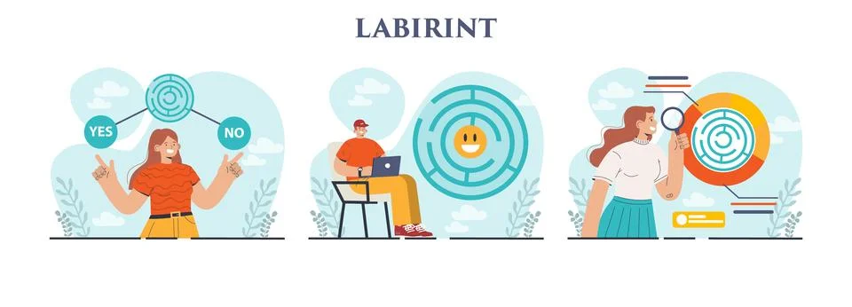 Labyrinth concept set. Decision-making or problem solving. Character 스톡 일러스트