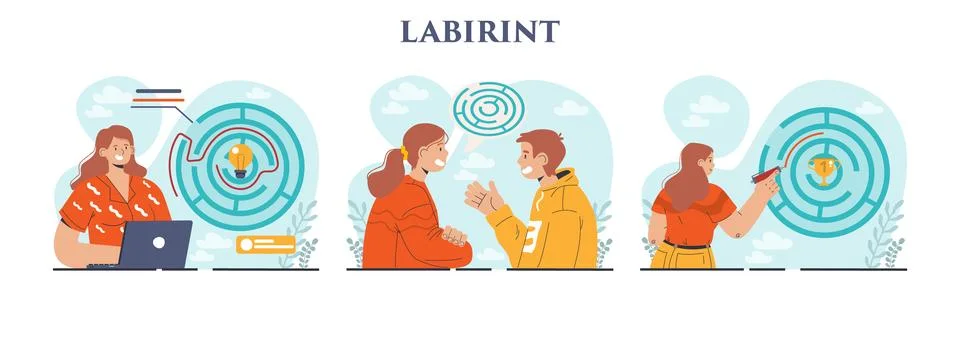Labyrinth concept set. Decision-making or problem solving. Character Illustrazione stock