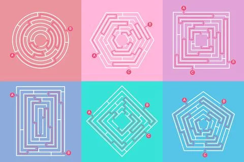 Labyrinth game graphic. Maze simple puzzle with different destinations. Find Stock Illustration