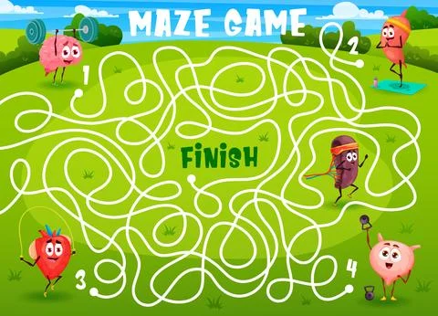 Labyrinth maze, cartoon human organs sportsman Stock Illustration