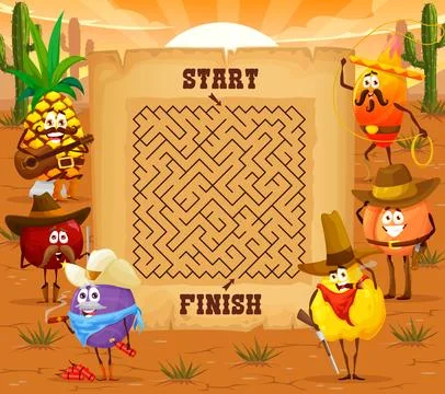 Labyrinth maze game, cartoon fruit western cowboys Stock Illustration