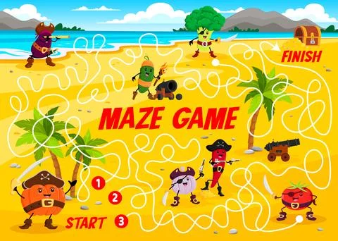Labyrinth maze game with cartoon vegetable pirates Stock Illustration