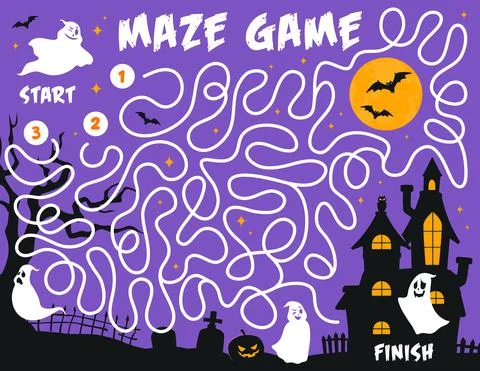 Labyrinth maze game, Halloween ghosts on cemetery Stock Illustration
