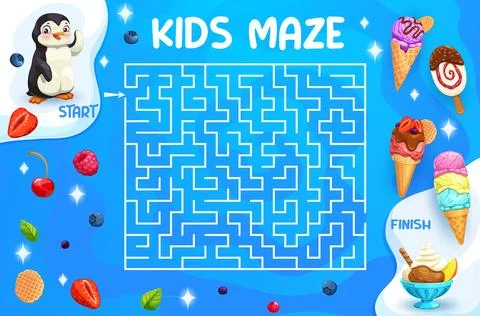 Labyrinth maze game, help penguin find ice cream Stock Illustration