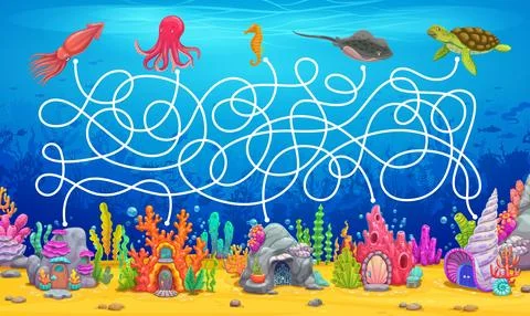 Labyrinth maze game, help sea animals find houses Stock Illustration