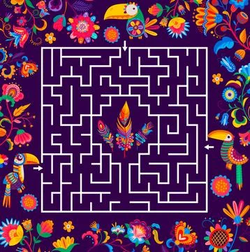 Labyrinth maze game, help toucan to find feather Stock Illustration