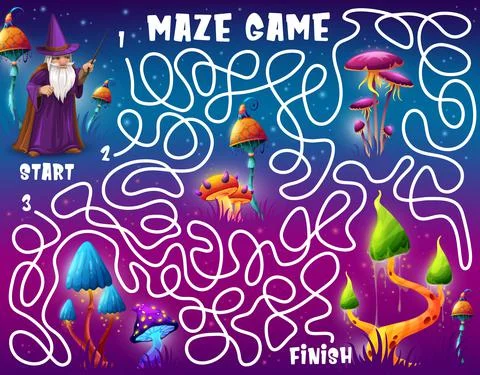Labyrinth maze game, help wizard find mushroom Stock Illustration