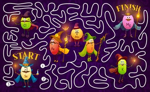 Labyrinth maze game, micronutrients wizards, mages Stock Illustration