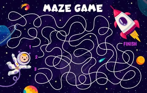 Labyrinth maze game with rocket spaceship in space Illustrazione stock
