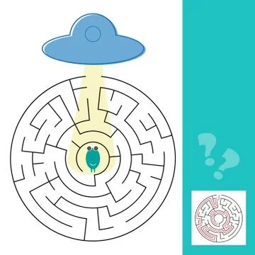 Labyrinth maze game with solution. Help alien to find path to UFO Illustrazione stock