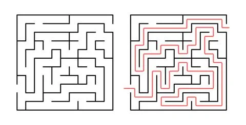 Labyrinth. Maze game with solution. Vector rebus for kids. Logic how to find Stock Illustration