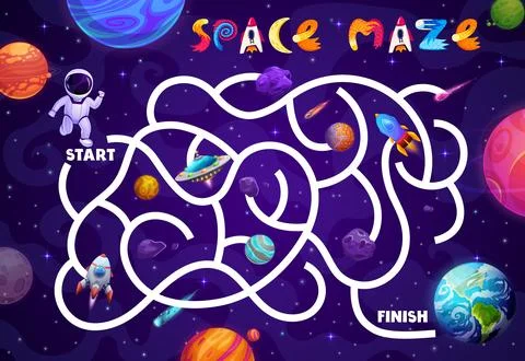 Labyrinth maze game with space planets, astronaut Illustrazione stock