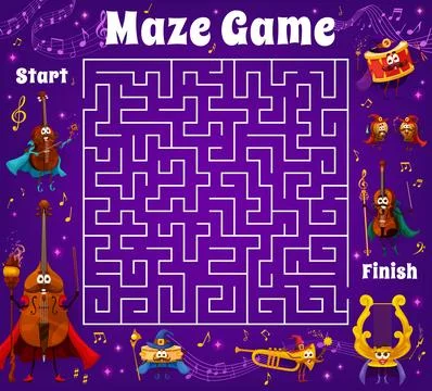 Labyrinth maze game wizard musical instruments Ilustração Stock