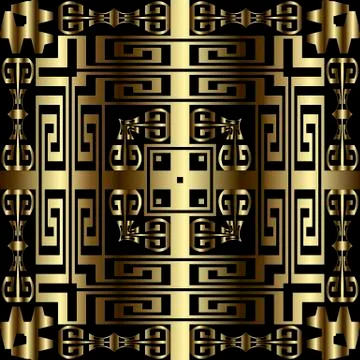 Labyrinth maze gold 3d vector seamless pattern. Greek style abstract tribal Stock Illustration