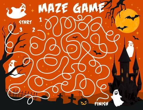 Labyrinth maze Halloween ghosts on cemetery, game Stock Illustration