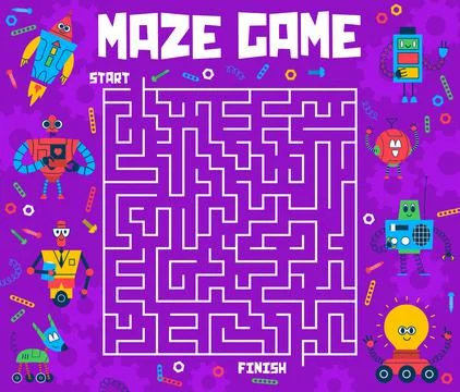 Labyrinth maze, help cartoon robots to find exit Stock Illustration