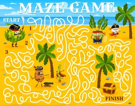 Labyrinth maze, help to cartoon vegetable pirates Stock Illustration