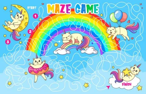 Labyrinth maze. Help caticorn cat to find friends Stock Illustration
