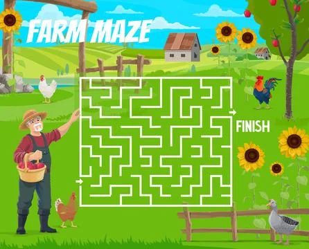 Labyrinth maze, help the old farmer find a rooster Stock Illustration