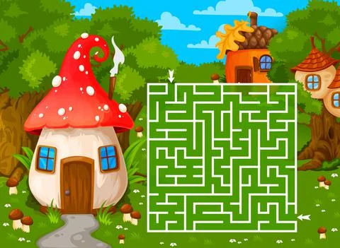 Labyrinth maze with magic forest house buildings Stock Illustration