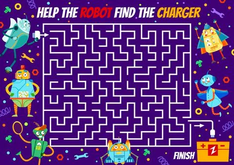 Labyrinth maze worksheet, help robot find charger Stock Illustration