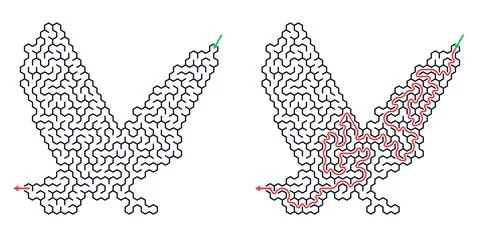 Labyrinth in shape of eagle with solution path. Educational puzzle game for c Stock Illustration