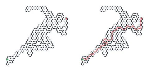 Labyrinth in shape of running athlete. Maze puzzle with solved path. Logic ga Stock-Illustration