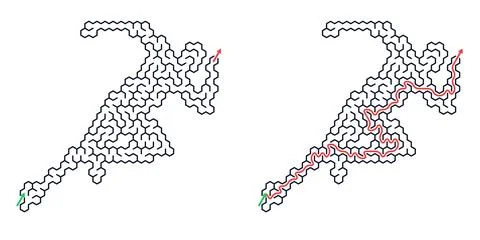 Labyrinth in shape of running athlete. Maze puzzle with solved path. Logic ga Stock-Illustration