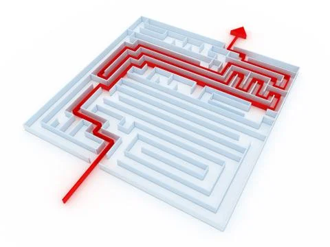Labyrinth of transparent blocks through which the red arrow. 3d computer mode 스톡 일러스트