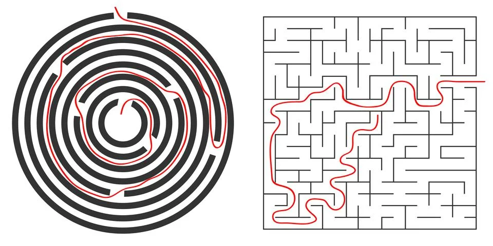 Labyrinths, circular and square labyrinth Stock Illustration