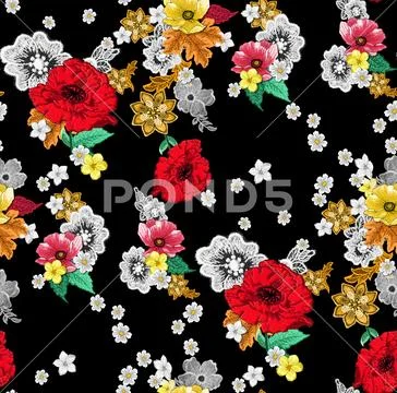Lace flower pattern. Seamless red and white flower design. repeat. Stock Illustration