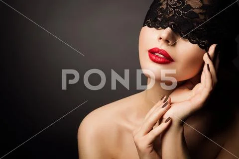 Lace Mask and Red Lips, Beautiful Woman Fantasy, Black Bandage Hide Face Stock Photos