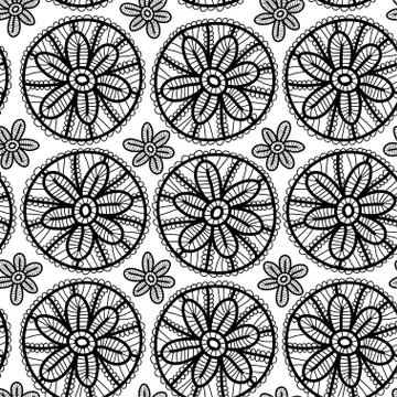 Lace seamless pattern with black flowers on white background. Vector Stock Illustration