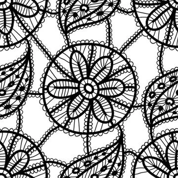 Lace seamless pattern with black flowers and leaves on white background Stock Illustration