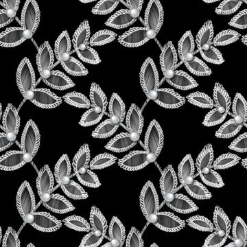 Lace seamless pattern with decortive leaves and pearls Stock Illustration