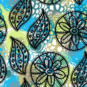 Lace seamless pattern with flowers and leaves blue brown green. Stock Illustration