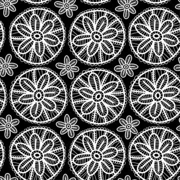 Lace seamless pattern with flowers and leaves. black and white background. Stock Illustration