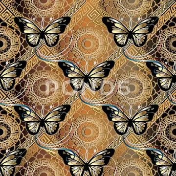 Lace seamless pattern with mandalas and butterflies. Stock Illustration