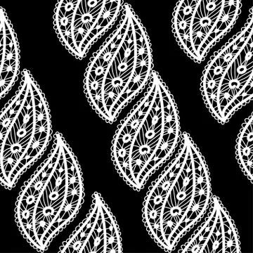 Lace seamless pattern with white leaves on black background. Stock Illustration