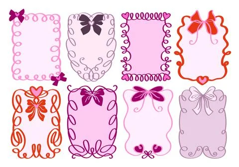 Lace wavy wedding frames set with bows and hearts. Stock Illustration