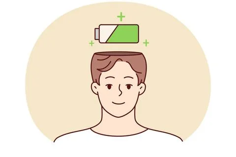 Lächelnder Mann mit Batterie über Kopf Smiling man with battery above head. Stock Photos