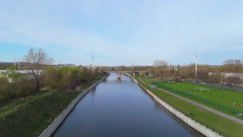 Lachine Canal Aerial View With Train Bridge and Industrial Montreal Skyline Stock Footage 308732086
