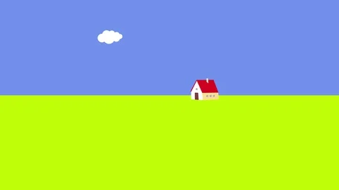 Lack of creativity animation with a small house against serene blue sky with a Stock-Footage 129644497