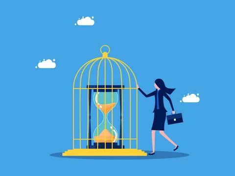 Lack of time freedom. Value of time. Businesswoman locks a clock in a birdcag Stock Illustration