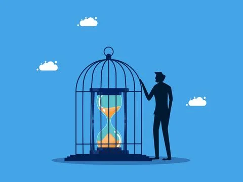 Lack of time freedom. Value of time. man locks a clock in a birdcage Stock Illustration