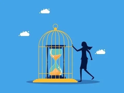 Lack of time freedom. Value of time. woman locks a clock in a birdcage Stock Illustration