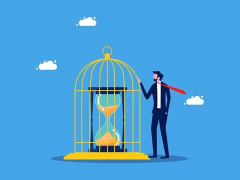 Lack of time freedom. Value of time. Businessman locks a clock in a birdcage Stock Illustration