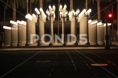 LACMA Lamp Posts in Los Angeles lit up at Night Stock Photos